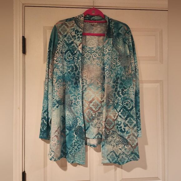 JM Collection teal and white rhinestone detail cardigan/long sleeve blouse 2X - Picture 1 of 5